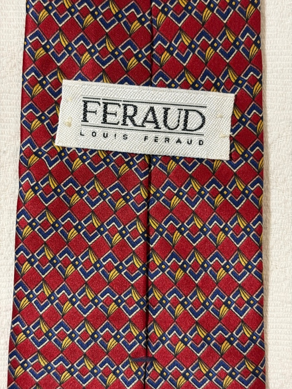 Vintag Louis Feraud Paris Red Silk Geometric Pattern Necktie